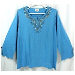 Quacker Factory Beaded Zip Front Sweater Top Tunic Blue 3X Whimsy Coastal Granny